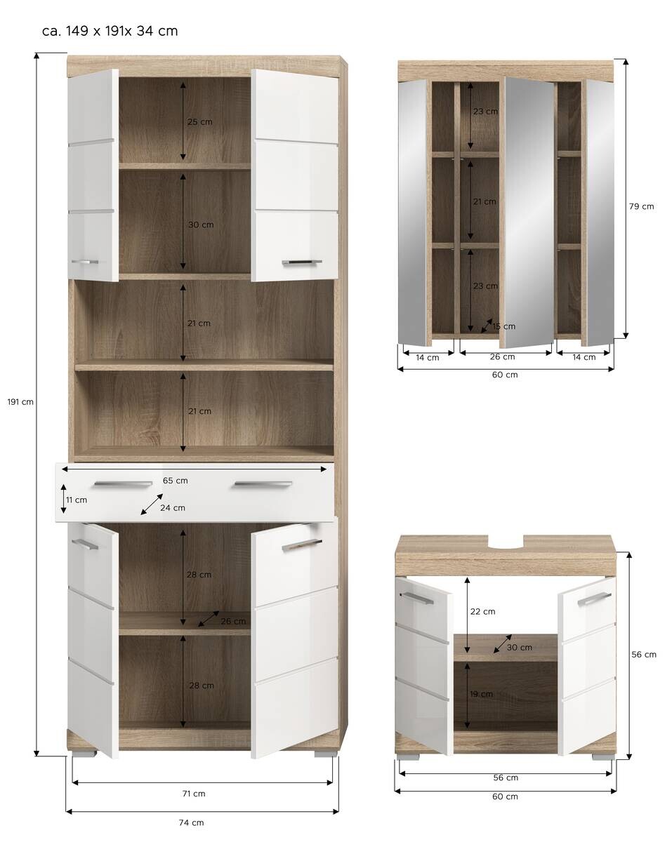 Badezimmer-Set Lambada Eiche Sonoma Nachbildung weiß Hochglanz B/H/T: ca. 149x34x191 cm