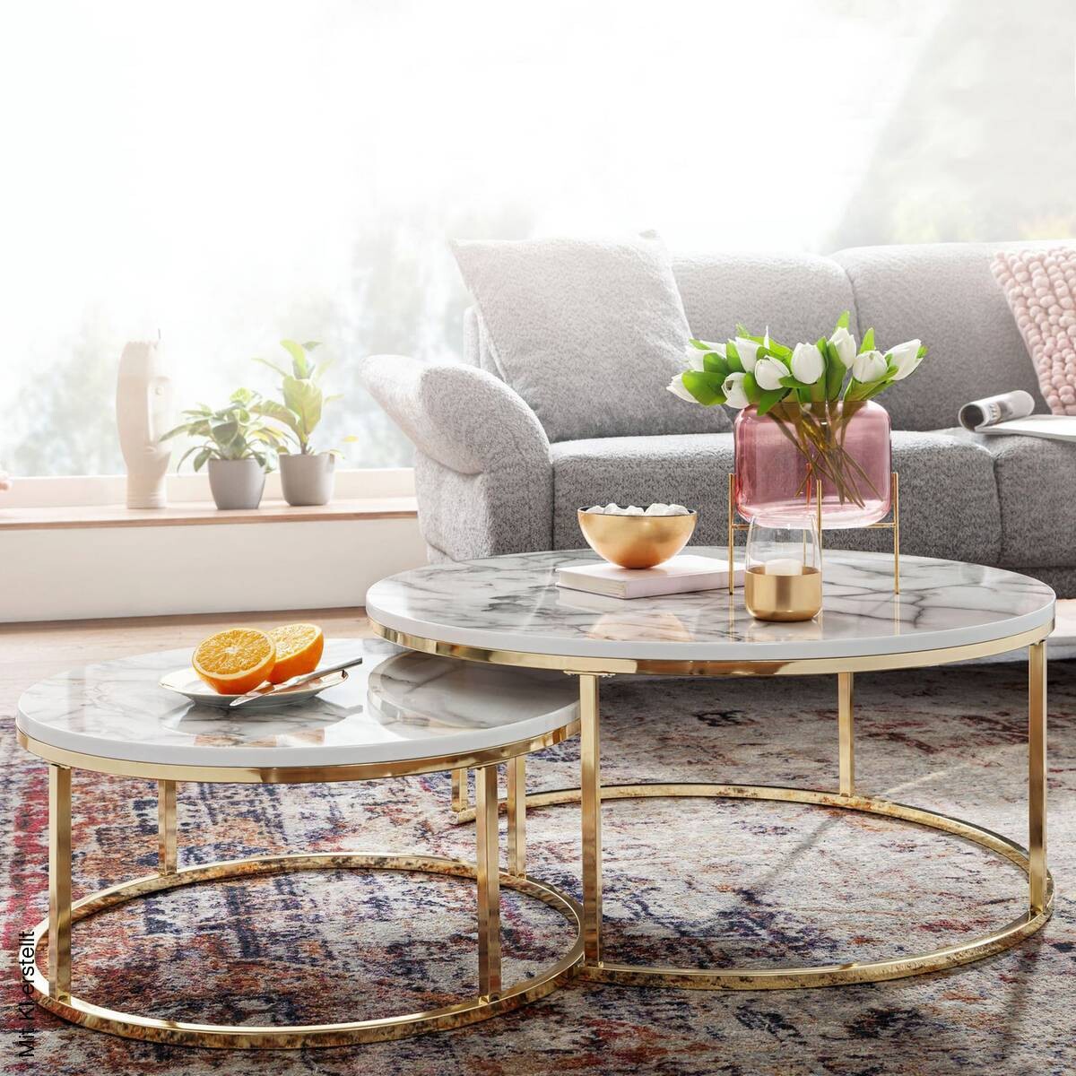Couchtisch 2er-Set weiß Marmor Optik gold lackiert