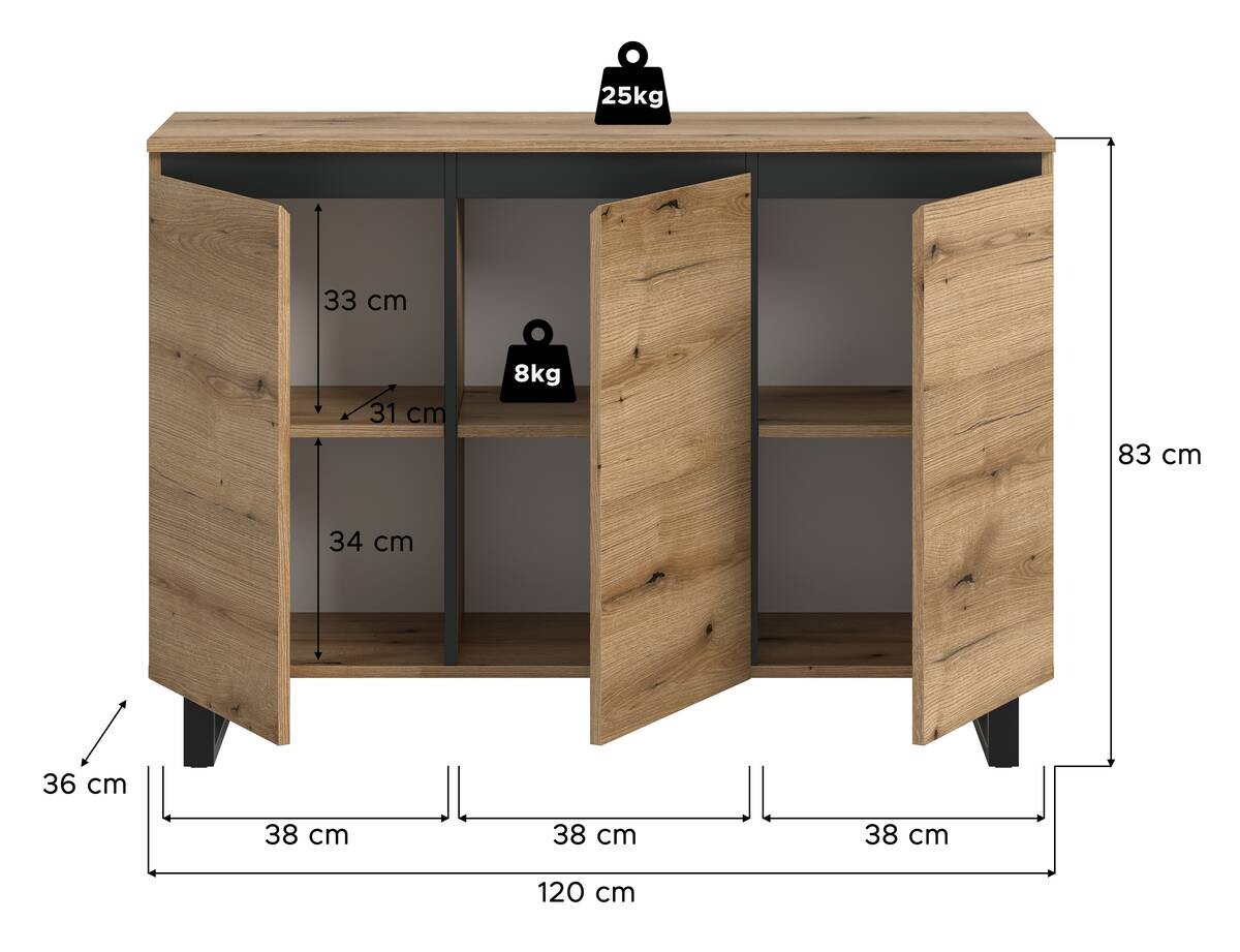 Sideboard Tomasa Evoke Oak Nachbildung schwarz B/H/T: ca. 120x84x36 cm
