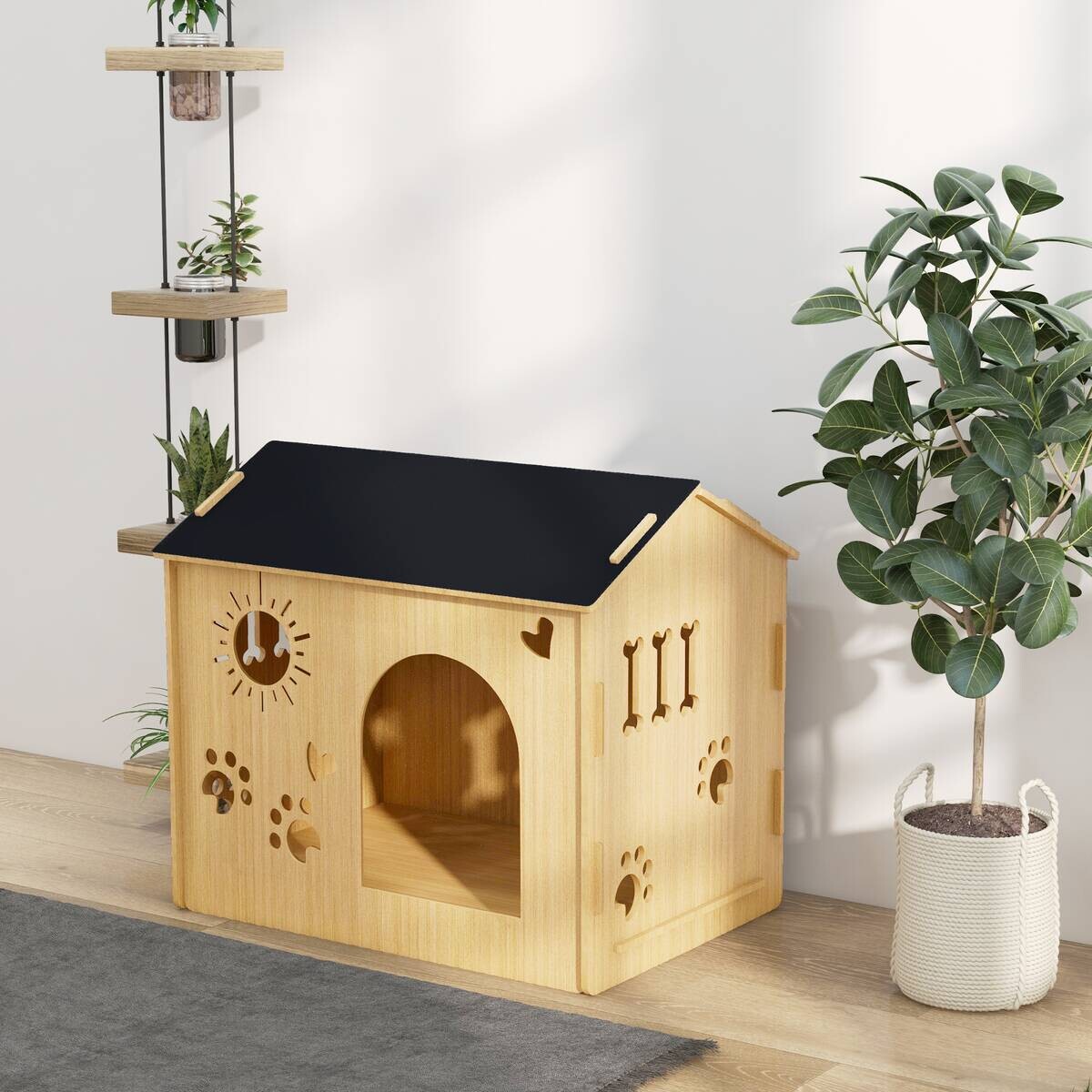 PawHut Hundehütte Eiche MDF B/H/L: ca. 50x58,5x69 cm