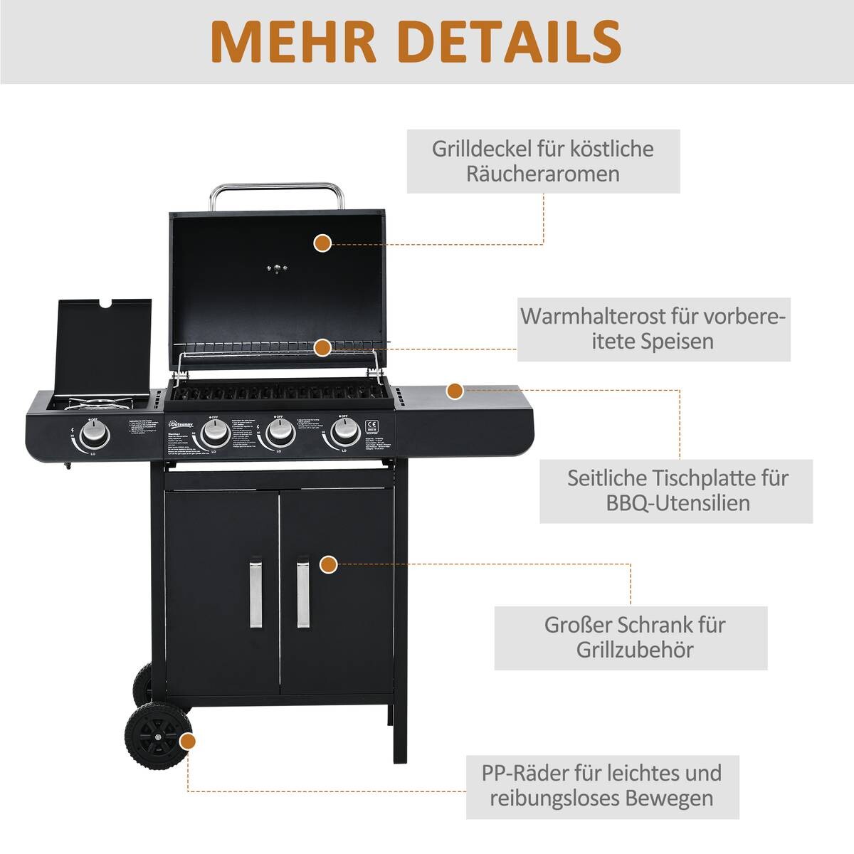 Outsunny Gasgrill Stahl B/H/L: ca. 50x100x110 cm
