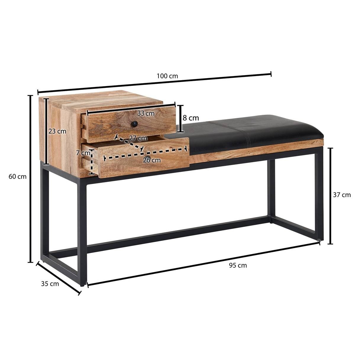 Wohnling Sitzbank natur schwarz schwarz Echtholz Leder Eisen B/H/T: ca. 100x60x35 cm