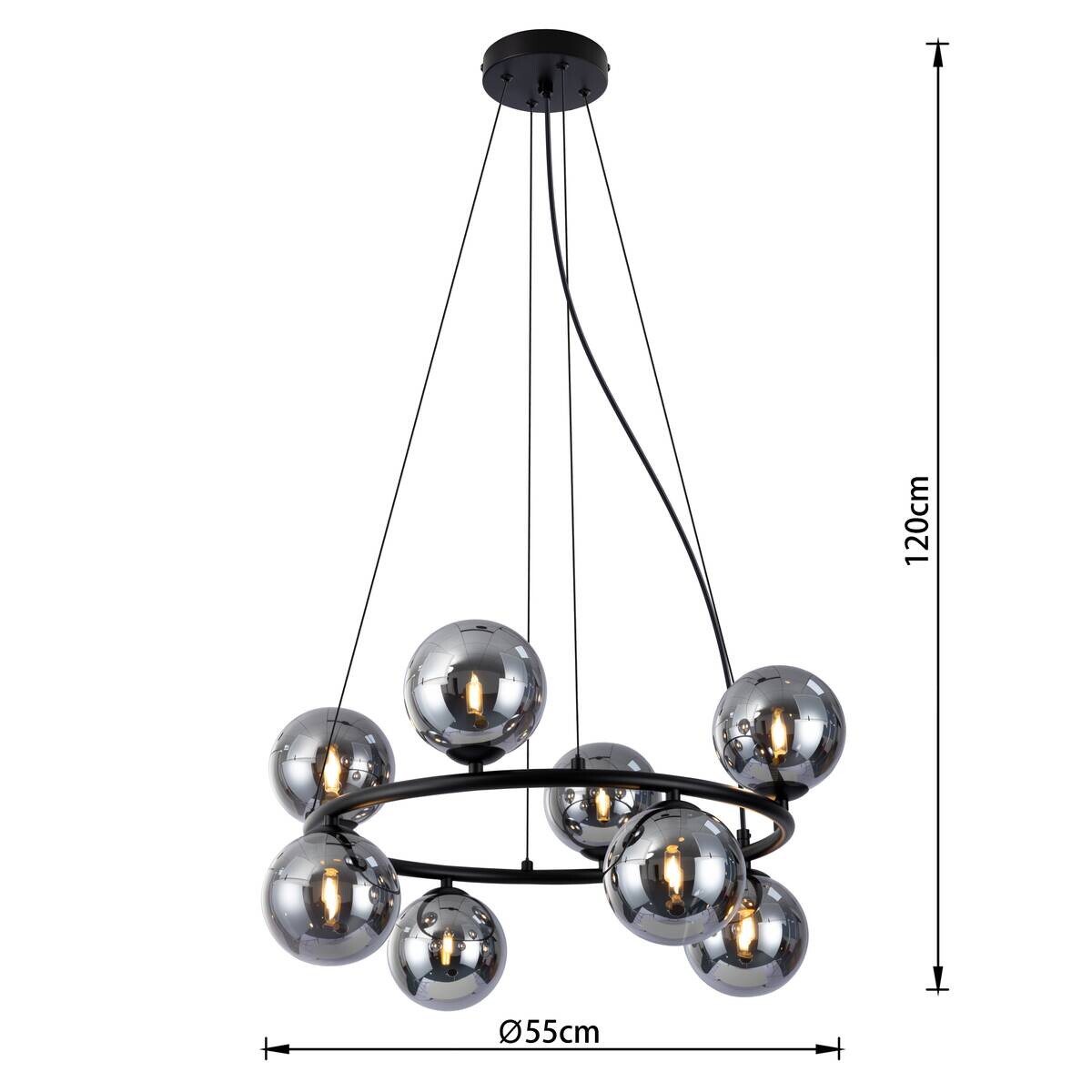 POCOline Pendelleuchte Noir schwarz Metall Glas H/D: ca. 120x55 cm G9 8 Brennstellen