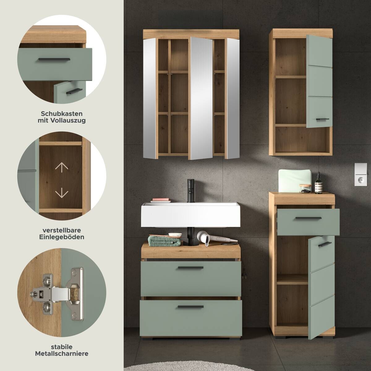 Badezimmer-Set Scout Eiche Artisan Nachbildung salbei Nachbildung B/H/T: ca. 112x191x37 cm