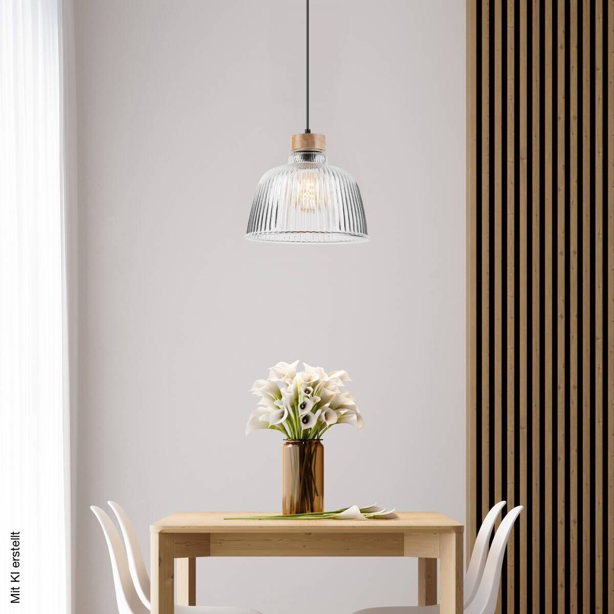 Lamkur Pendelleuchte Eiche Glas B/H/L: ca. 28x120x28 cm E27 1 Brennstellen