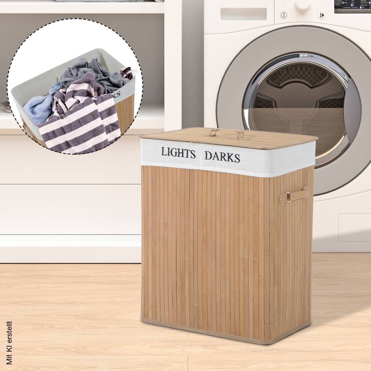 HOMCOM Wäschekorb mit 2 Tragegriffen natur Bambus Stoff Kunststoff B/H/L: ca. 32x63x52 cm