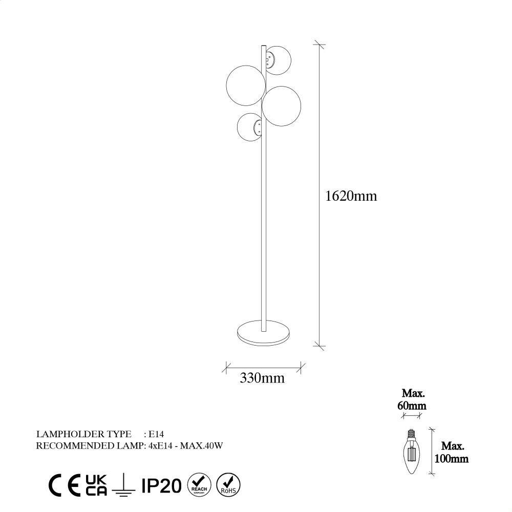 Opviq Stehlampe gold Glas Metall B/H/T/L/D: ca. 33x162x33x33x33 cm E14 4 Brennstellen