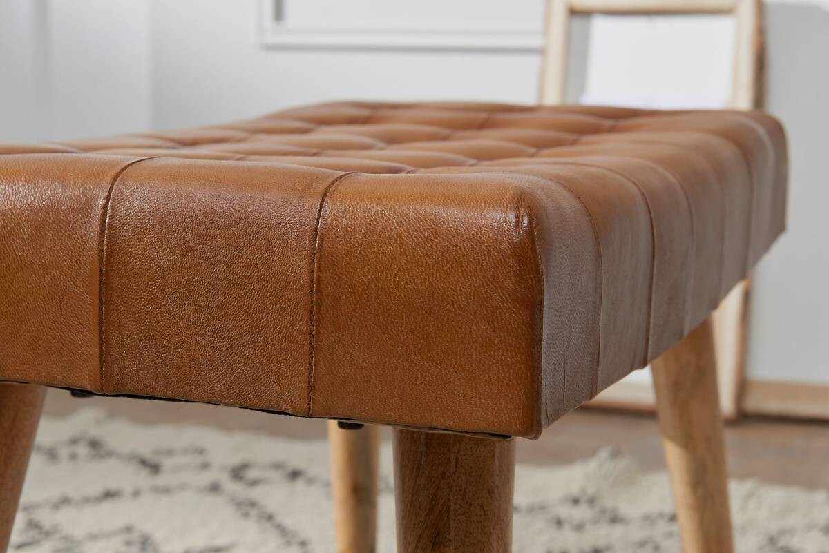 Wohnling Sitzhocker braun natur Leder Echtholz B/H/T: ca. 67x47x39 cm