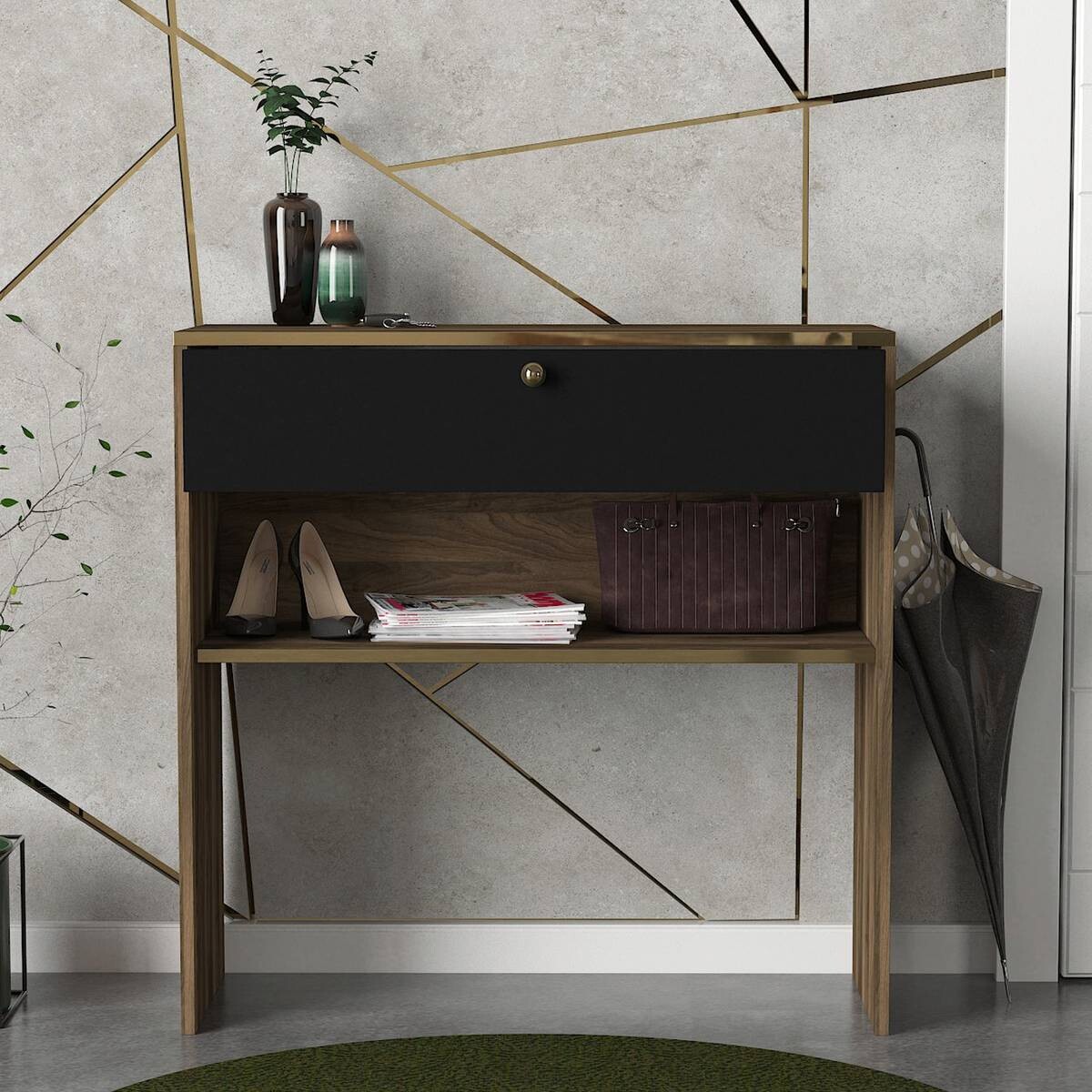 Konsolentisch Luis walnuss Nachbildung schwarz Spanplatte B/H/T: ca. 90x90x35,5 cm