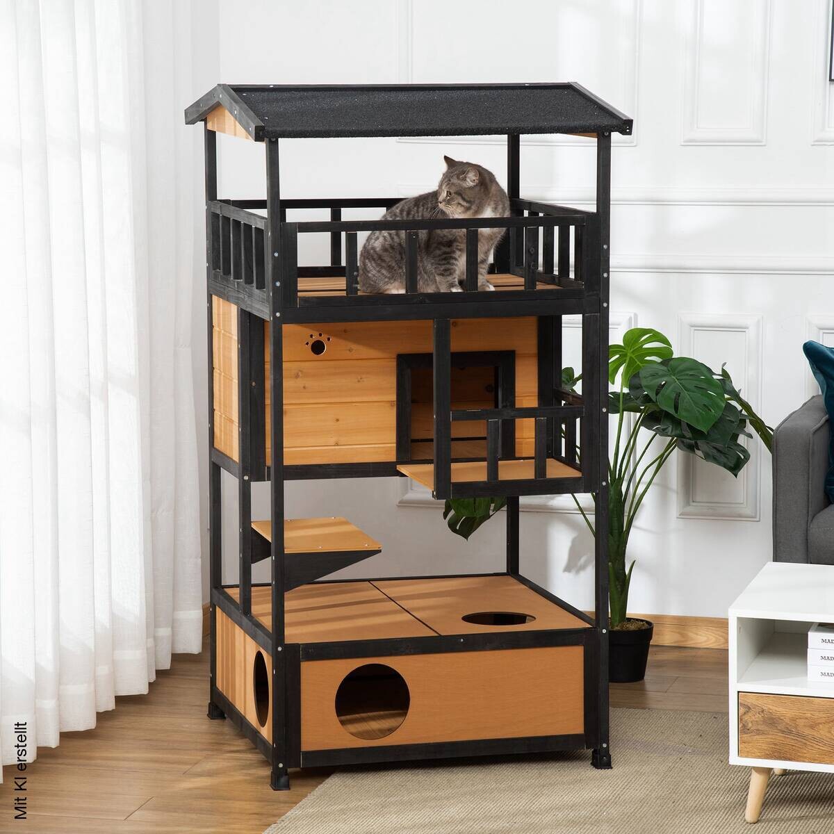 PawHut Katzenhaus schwarz Holz B/H/L: ca. 75x137x75,5 cm