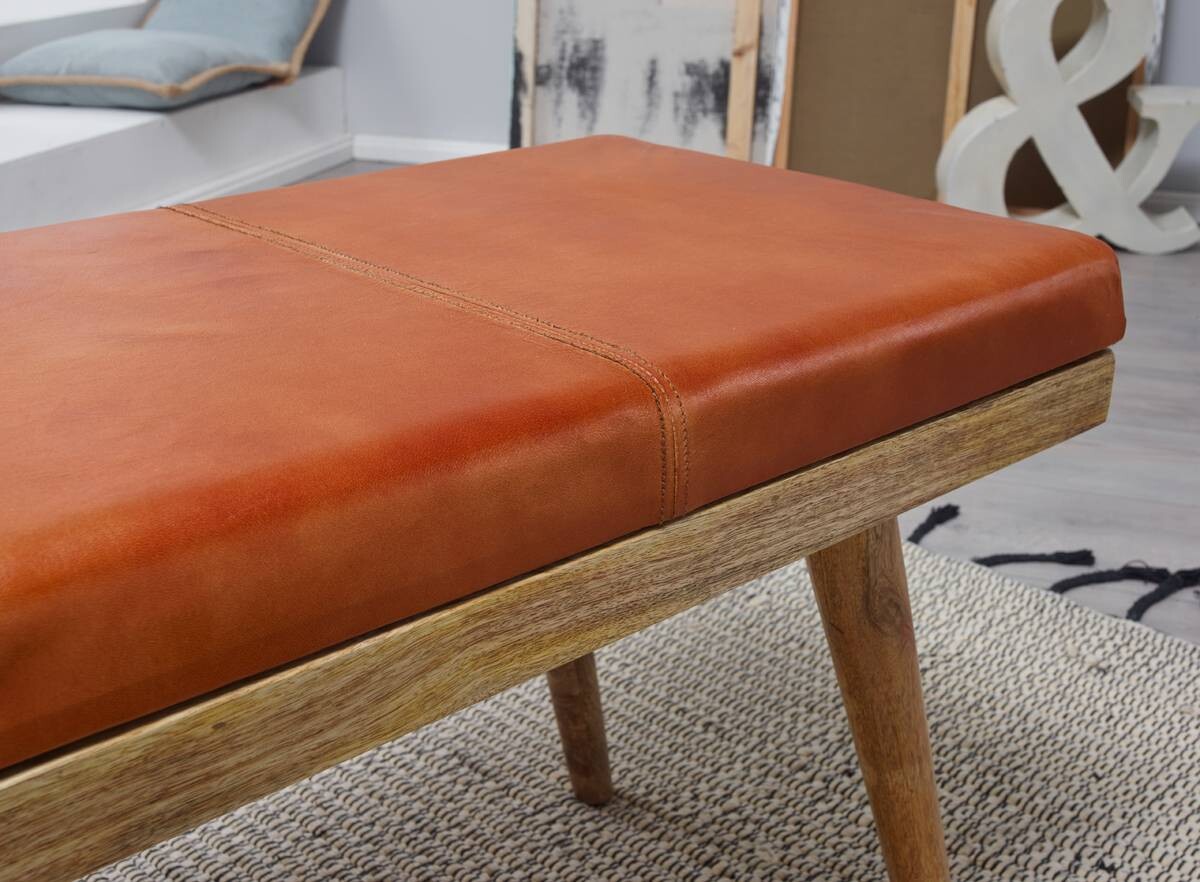 Wohnling Sitzbank natur braun Echtholz Leder B/H/T: ca. 100x52x38 cm
