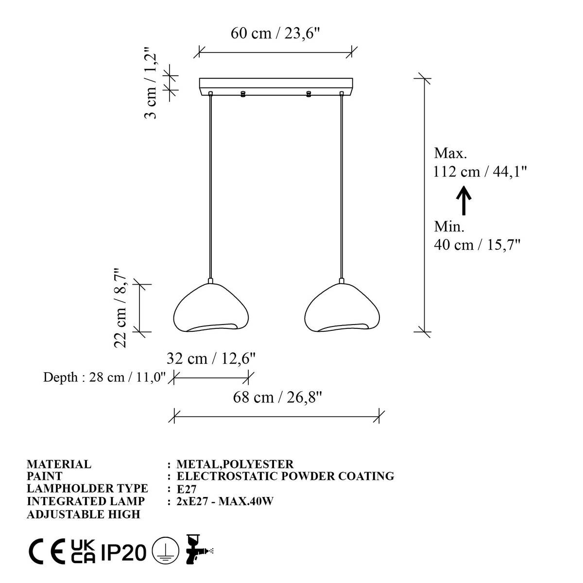 Opviq Pendelleuchte weiß B/H/T: ca. 68x105x32 cm E27 2 Brennstellen