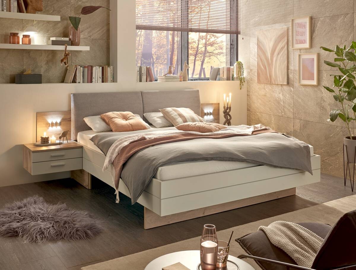 Bettanlage Moledo Eiche Viking Nachbildung hellgrau B/H/T: ca. 296x102x216 cm Liegefläche B/L: ca. 180x200 cm