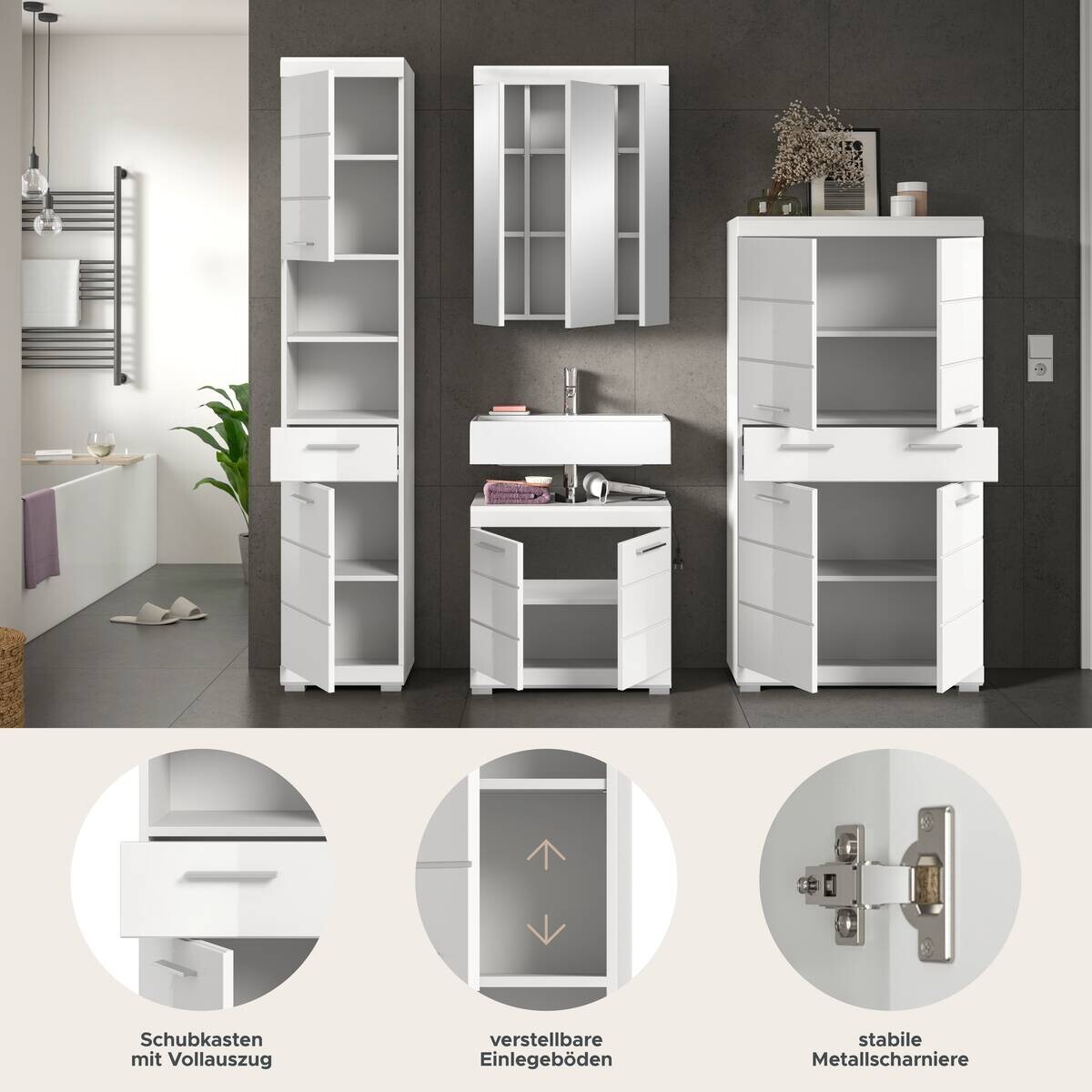 Badezimmer-Set Scout weiß weiß Hochglanz B/H/T: ca. 186x191x34 cm