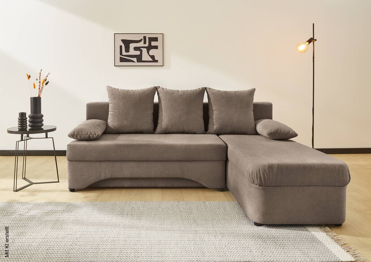 Ecksofa mit Bettfunktion und Bettkasten hellbraun Microfaser B/H/T: ca. 191x70x142 cm