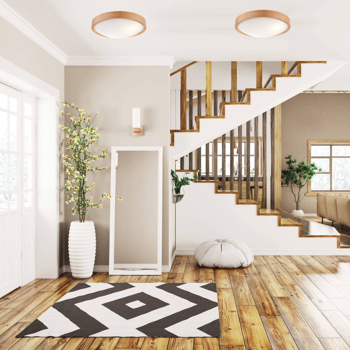 Lamkur Deckenleuchte Anello Eiche Glas Holz H/L: ca. 8x37 cm E27 2 Brennstellen