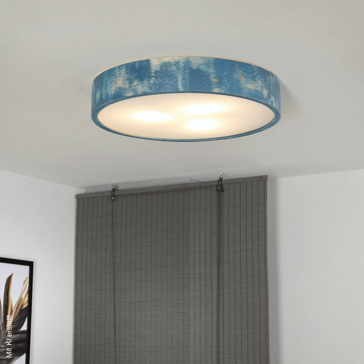 Lamkur Deckenleuchte hellbraun blau Holz Glas B/H/L: ca. 48x48x10 cm 3 Brennstellen