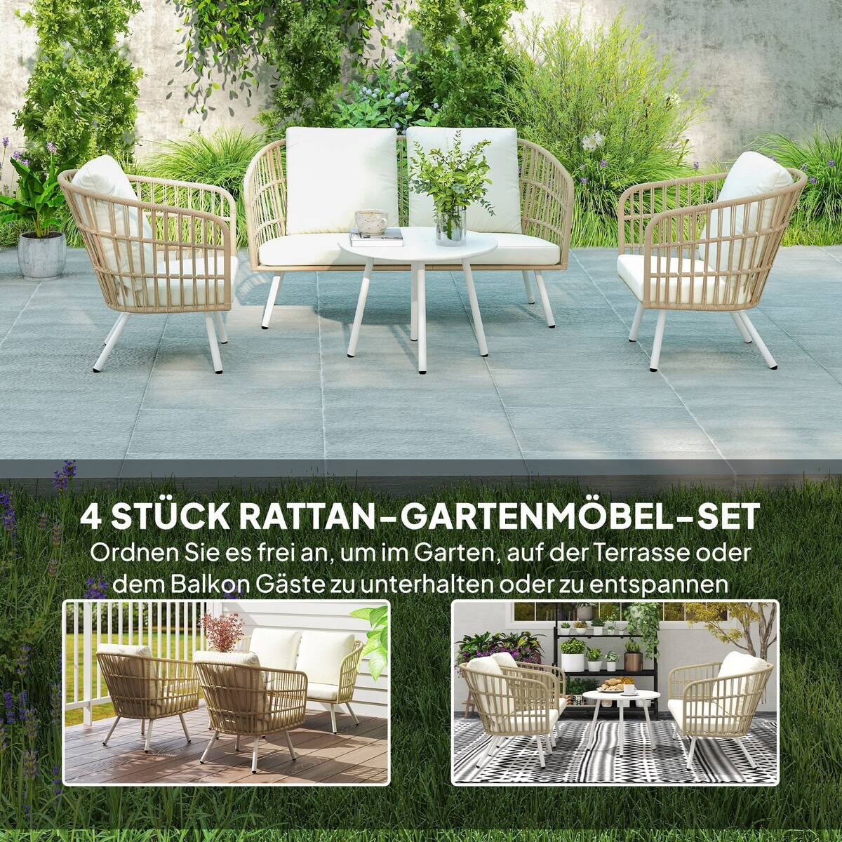 Outsunny Rattan Gartenmöbel-Set khaki Polyethylen B/H/L: ca. 65x69x132 cm
