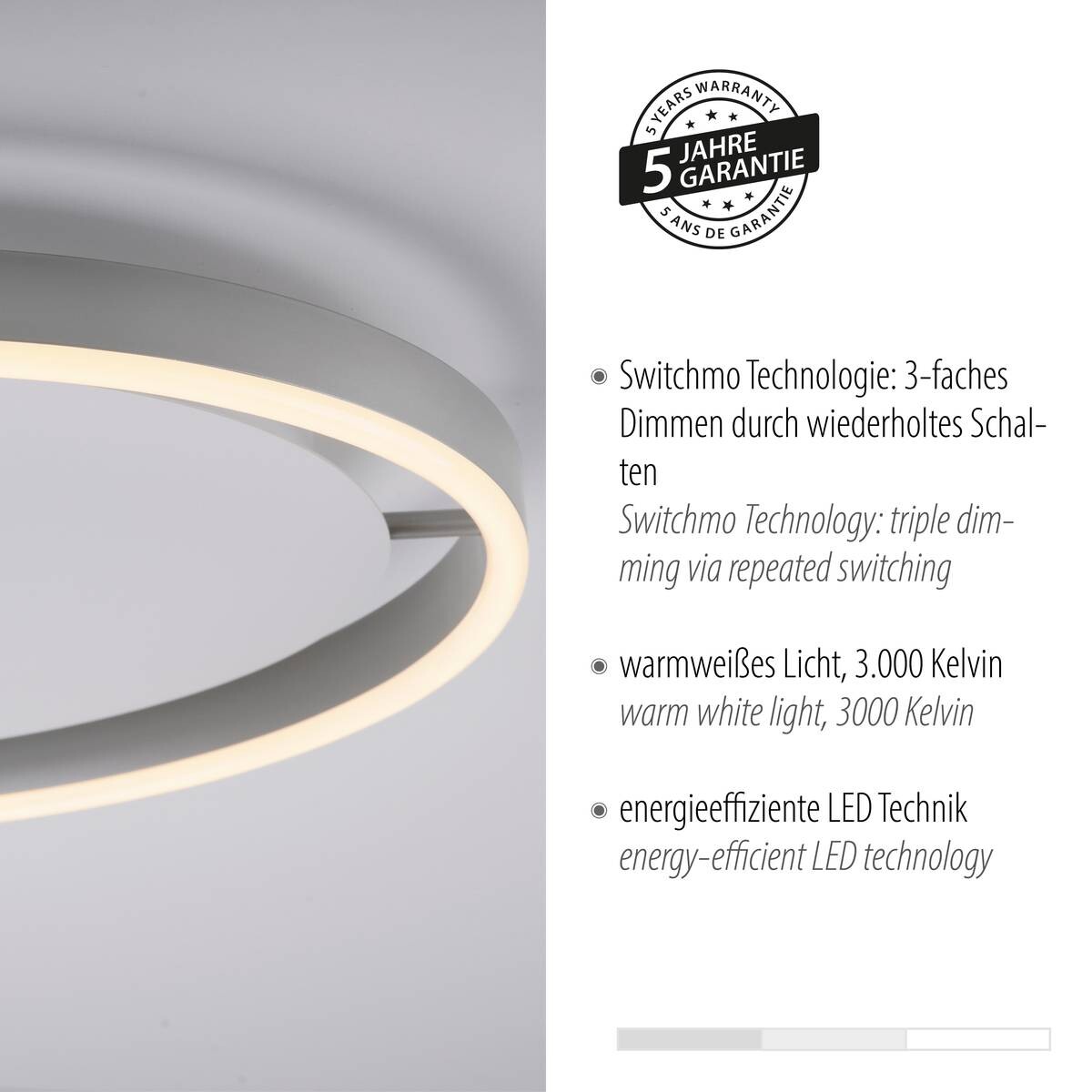 Just Light LED-Deckenleuchte RITUS 15391-95 weiß Alu Metall H/D: ca. 5,3x39,3 cm 1 Brennstellen