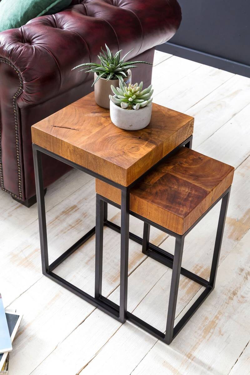 Beistelltisch 2er-Set natur schwarz lackiert Echtholz Eisen