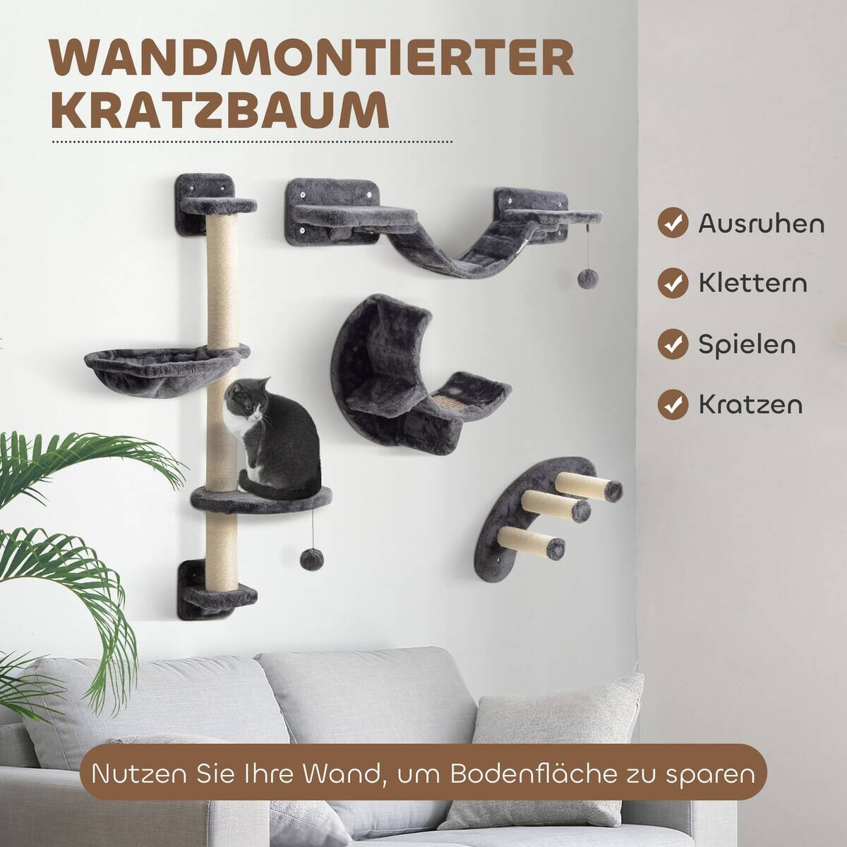 PawHut Katzen Kletterwand dunkelgrau Spanplatte B/H/L: ca. 30x96x30 cm