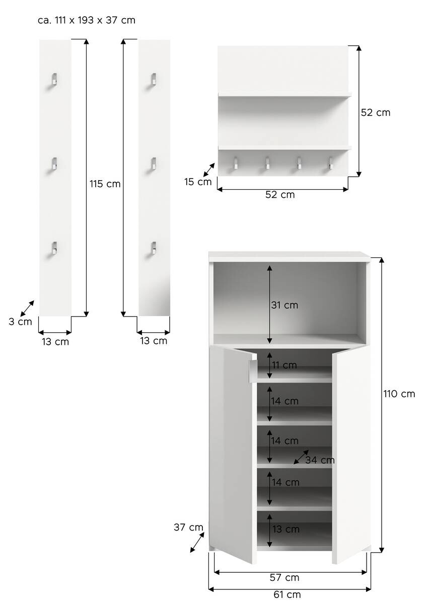 Garderobe PROJEKT X weiß weiß Hochglanz B/H/T: ca. 111x191x37 cm