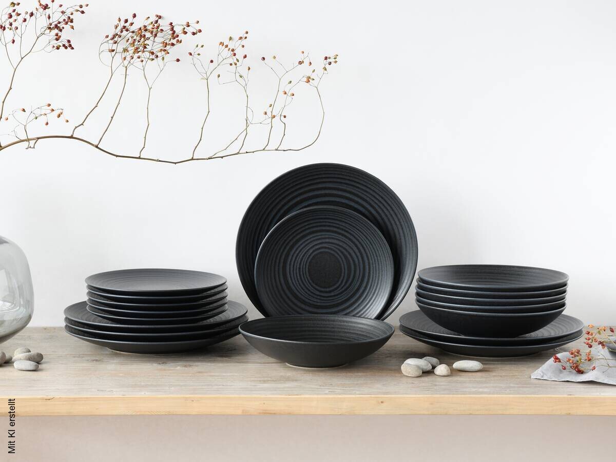 CreaTable Teller-Set Lava Stone schwarz Steinzeug