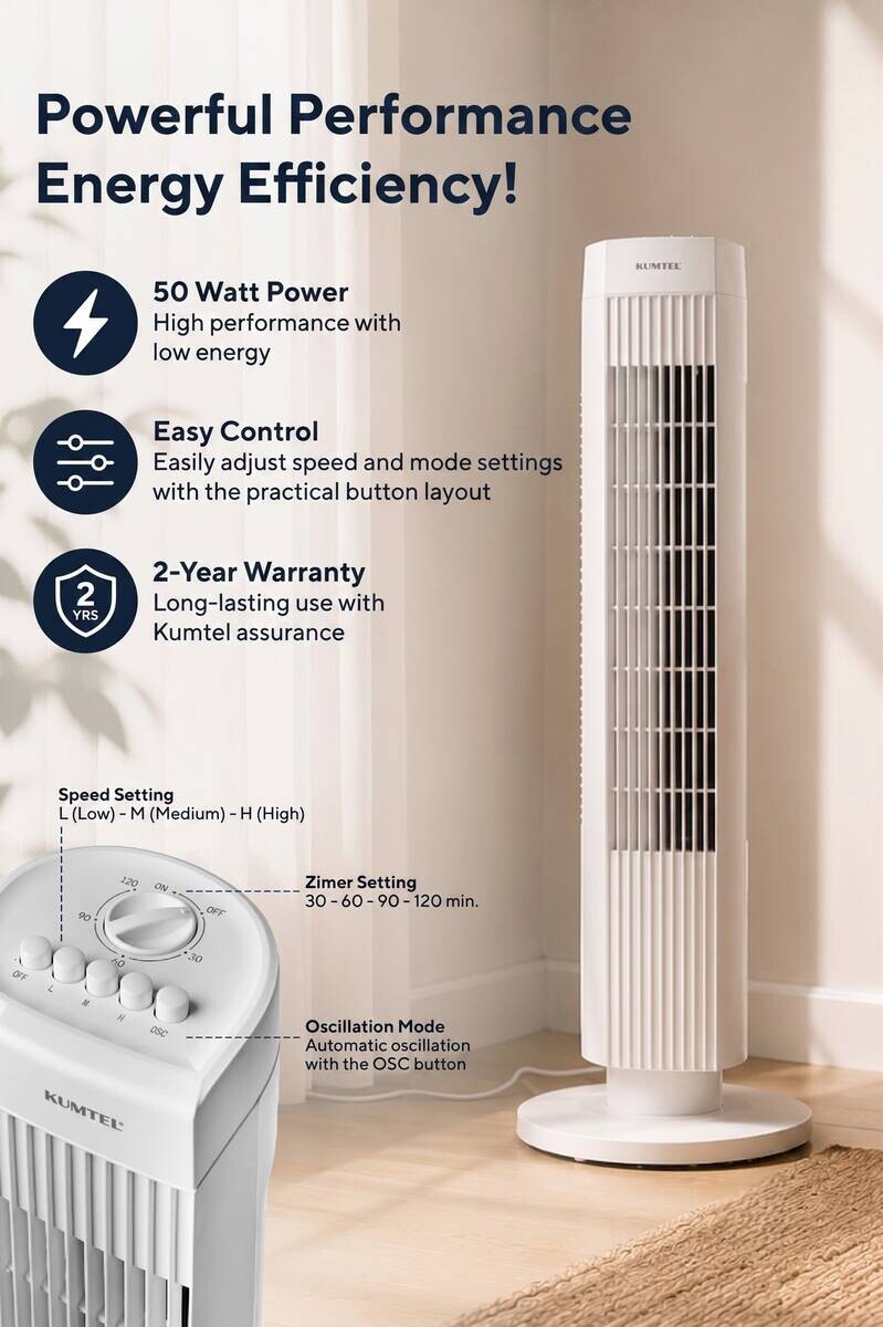 Opviq - Kumtel Standventilator weiß Kunststoff B/H/L: ca. 24,4x74,5x24,4 cm