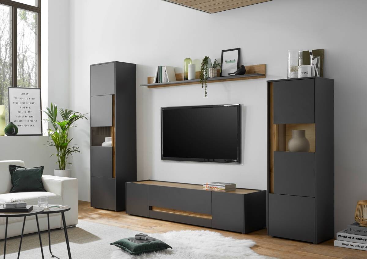 Standvitrine City Eiche Wotan Nachbildung anthrazit B/H/T: ca. 50x197x40 cm