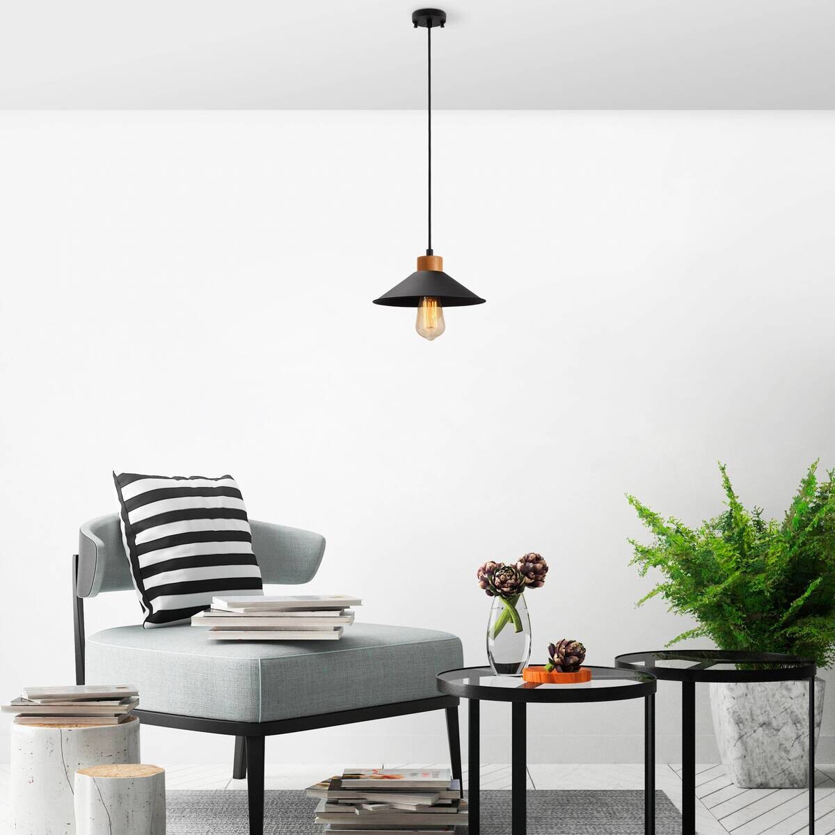 Opviq Pendelleuchte schwarz Holz B/H/T/L: ca. 103x103x24x103 cm E27 1 Brennstellen