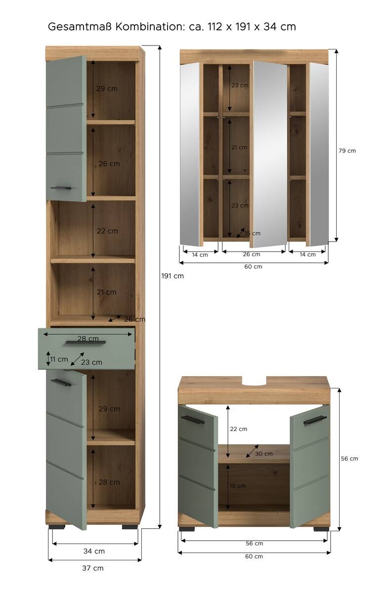 Badezimmer-Set Scout Eiche Artisan Nachbildung salbei Nachbildung B/H/T: ca. 112x191x34 cm