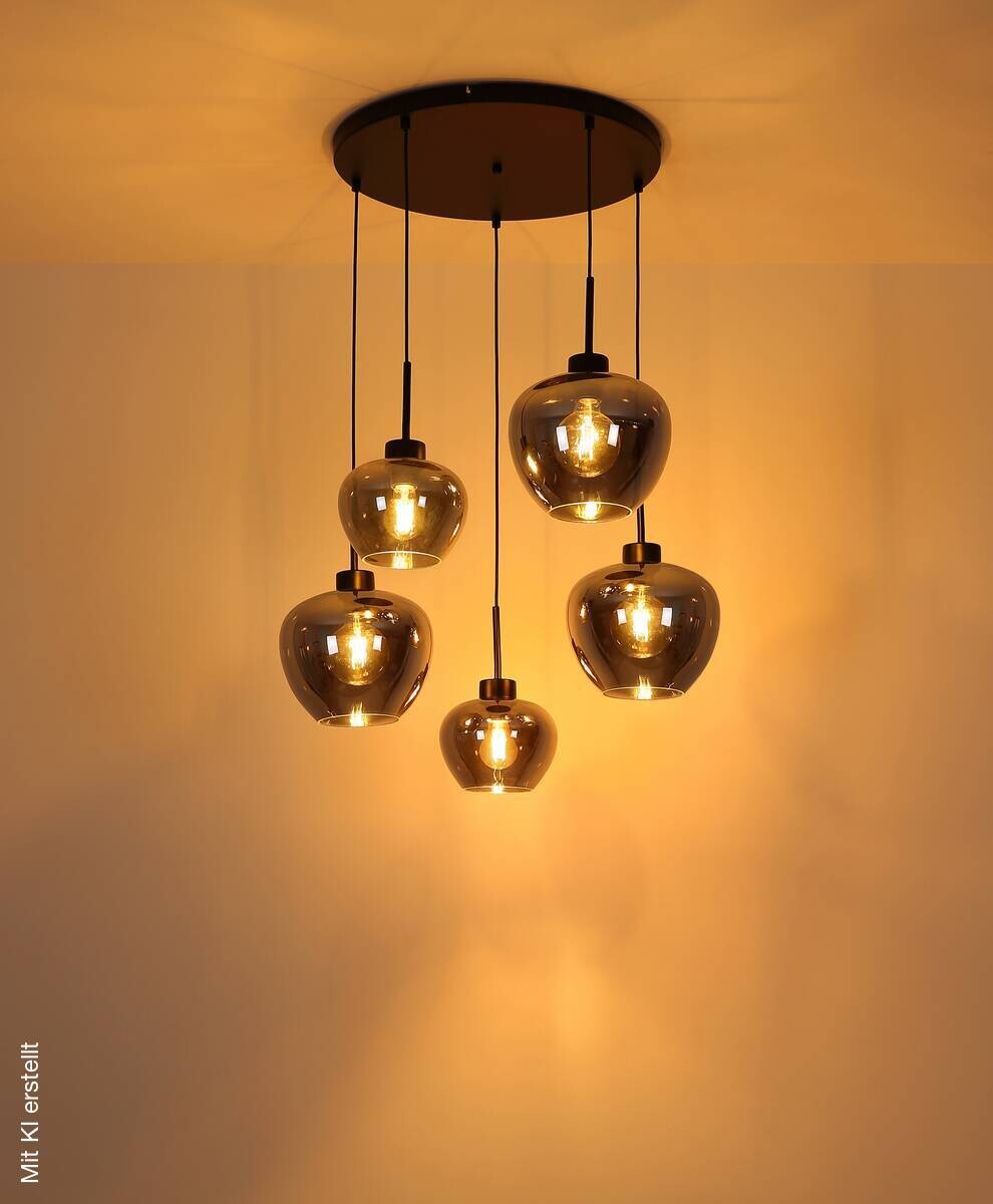 GLOBO Pendelleuchte Matt schwarz Metall Glas H/D: ca. 120x70 cm E27 5 Brennstellen
