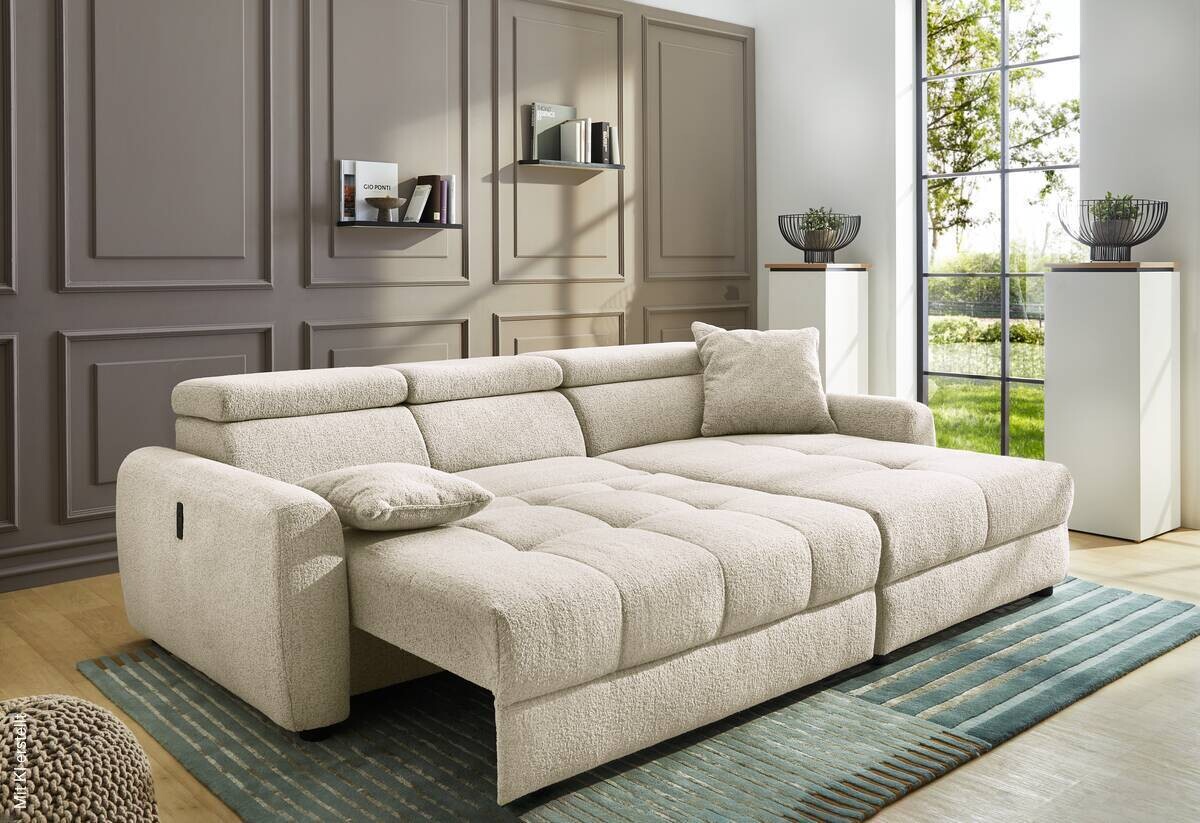 Ecksofa mit elektrischer XXL Sitztiefenverstellung beige Flachgewebe B/H/T: ca. 270x109x175 cm