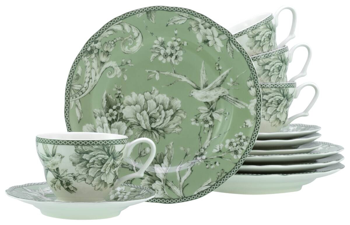 CreaTable Kaffeeservice Adelaide Grün weiß Porzellan 12 tlg