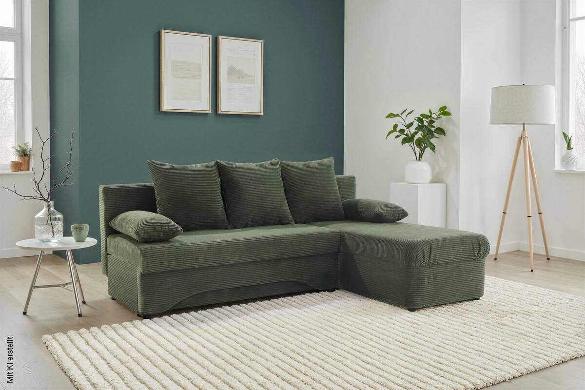 Ecksofa mit Bettfunktion und Bettkasten grün Microfaser B/H/T: ca. 191x70x142 cm