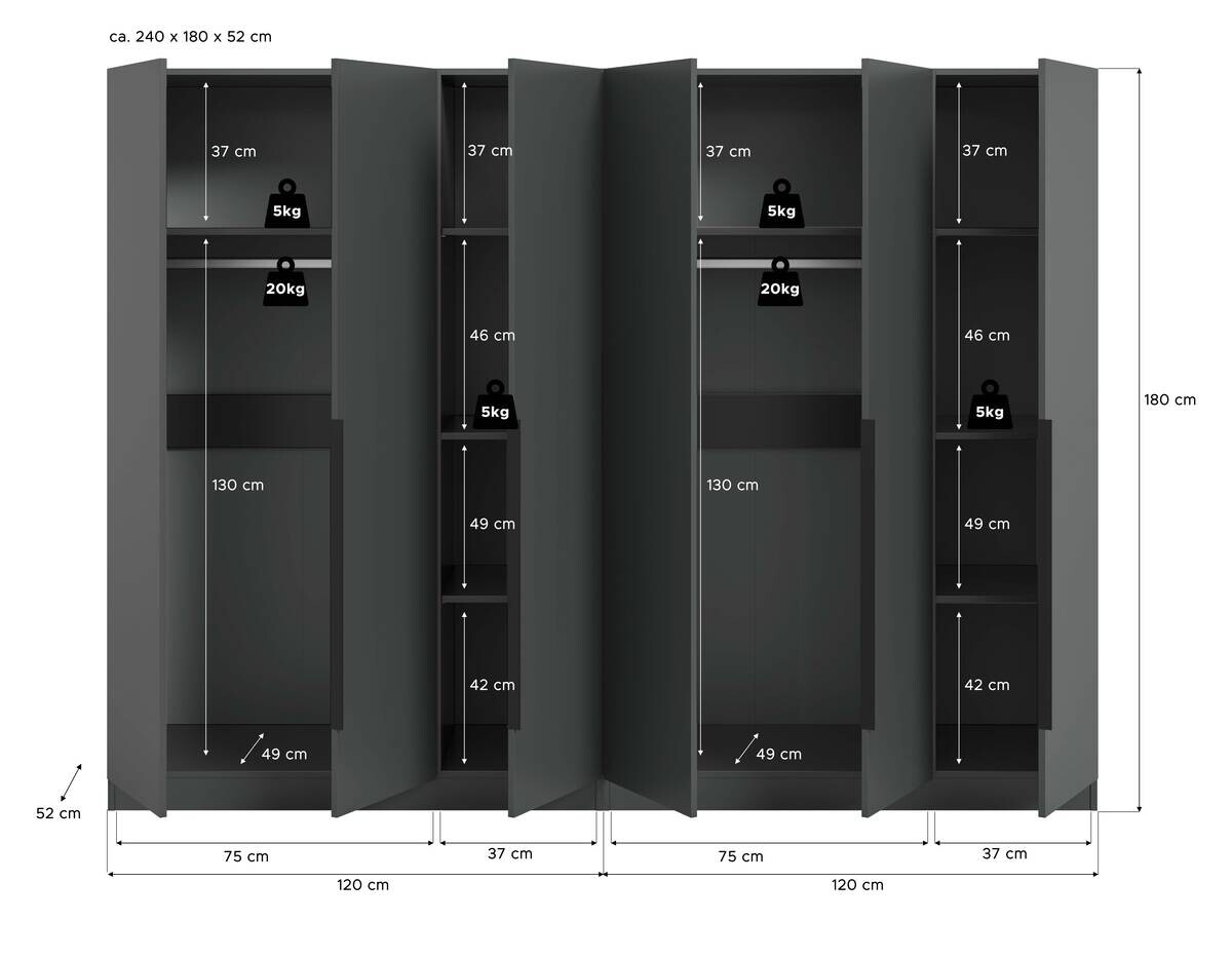 Kleiderschrank KOPENHAGEN anthrazit B/H/T: ca. 240x181x52 cm