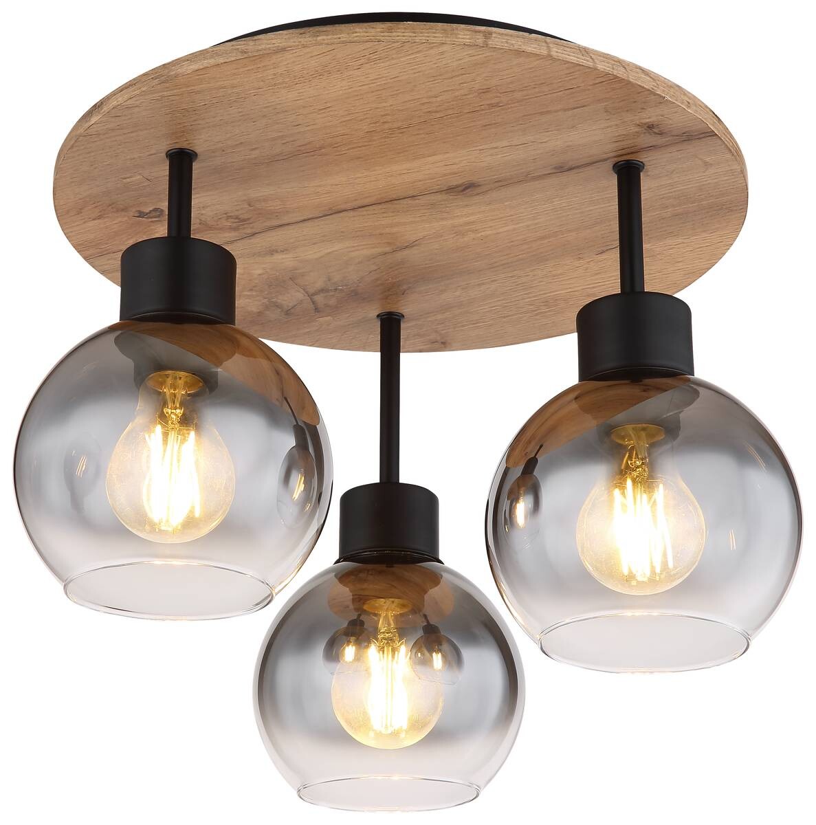 GLOBO Deckenleuchte 15656-3DR Rauch schwarz natur klar Glas Metall MDF H/D: ca. 38x38 cm E27 3 Brennstellen