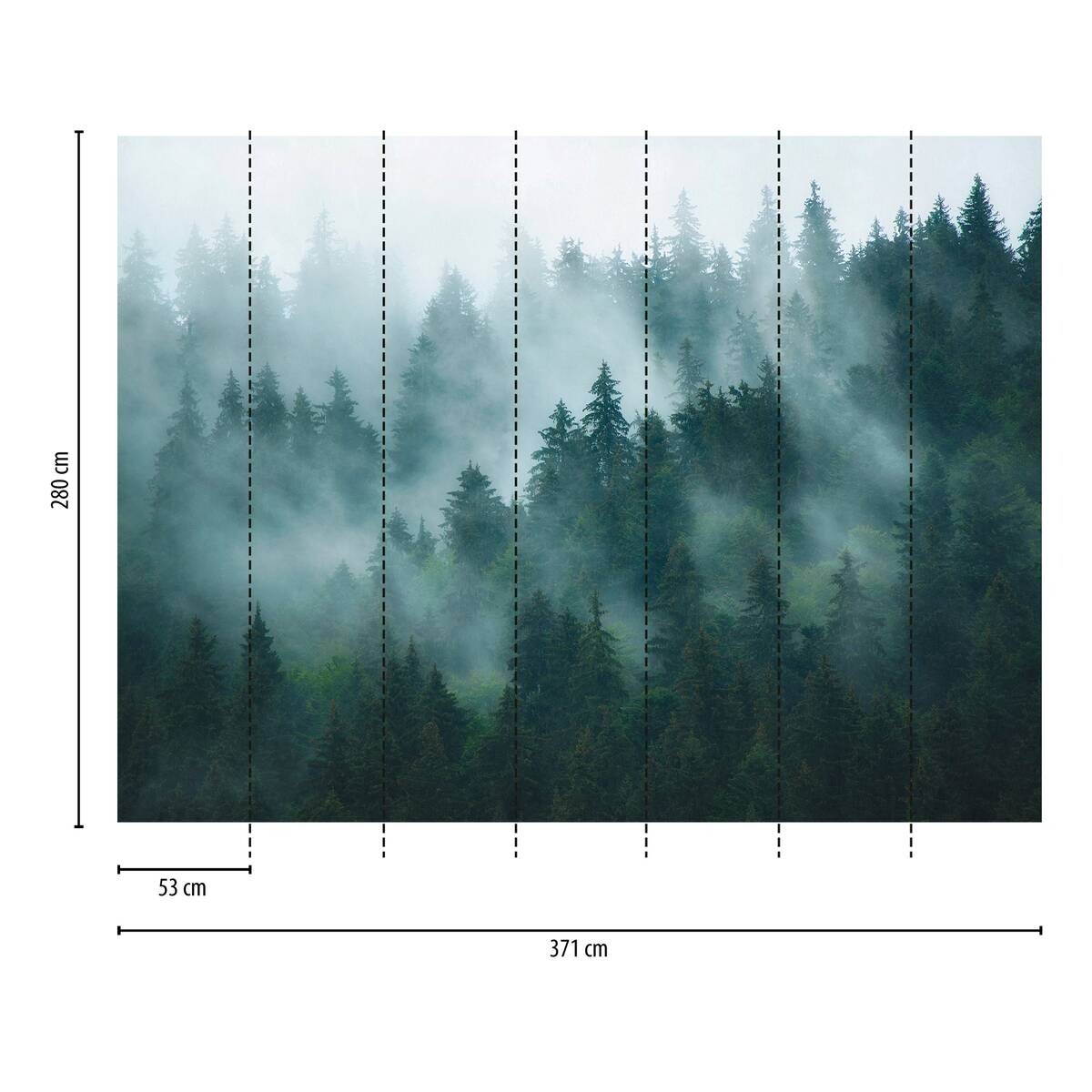 Livingwalls Fototapete Nebelwald grün petrol blau B/L: ca. 280x371 cm
