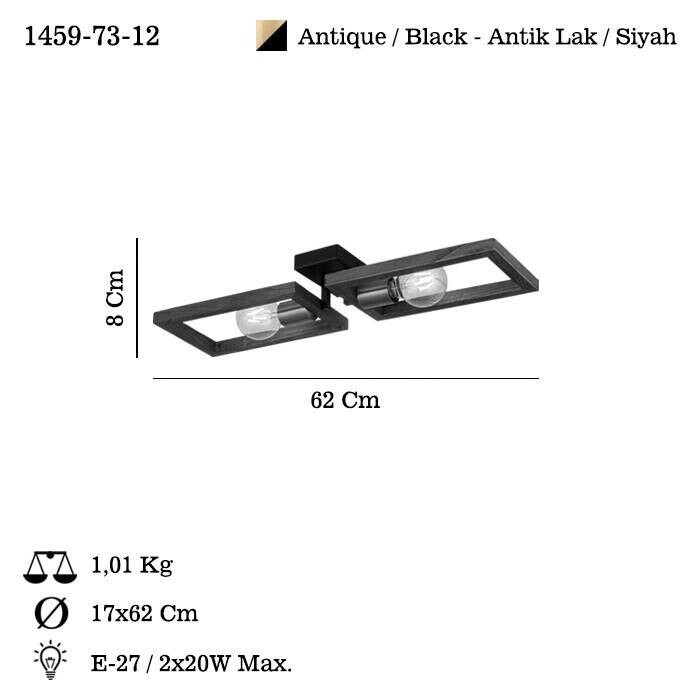 Opviq Deckenleuchte schwarz Metall B/H/T/L: ca. 62x9x8x62 cm E27 2 Brennstellen