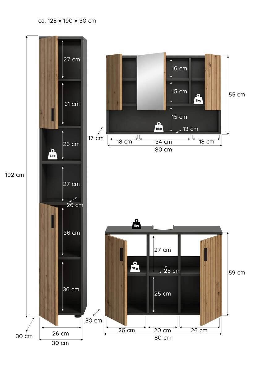 Badezimmer-Set Mone Basalt Nachbildung Artisan Oak Nachbildung B/H/T: ca. 125x192x30 cm