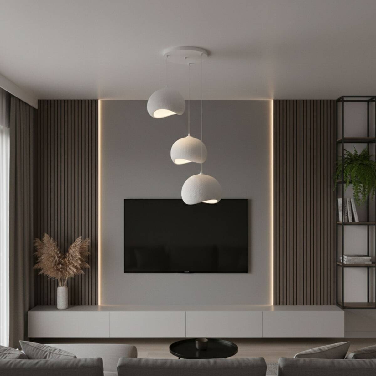 Opviq Pendelleuchte Yontu-15853 weiß Polyester-Mischgewebe Metall B/H/L: ca. 29x120x34 cm E27 3 Brennstellen