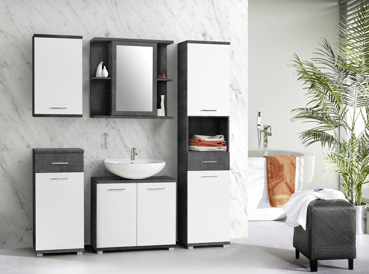 Badhochschrank Beton Optik weiß Hochglanz B/H/T: ca. 40,2x183,6x28,9 cm