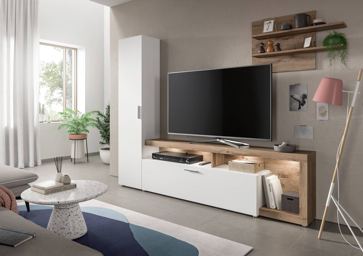 Wohnwand Cross weiß Oak Eiche Viking Nachbildung B/H/T: ca. 218x190x34 cm