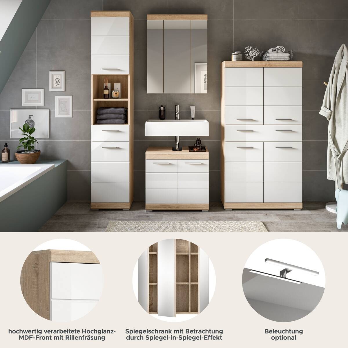 Badezimmer-Set Lambada Eiche Sonoma Nachbildung weiß Hochglanz B/H/T: ca. 186x191x34 cm