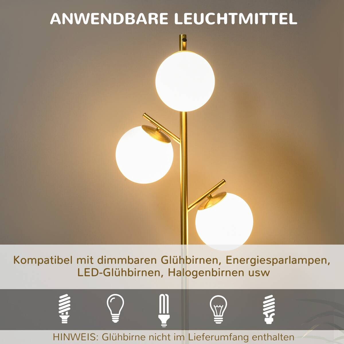 HOMCOM Stehleuchte gold Glas Metall B/H/L: ca. 27x169x27 cm E27 3 Brennstellen
