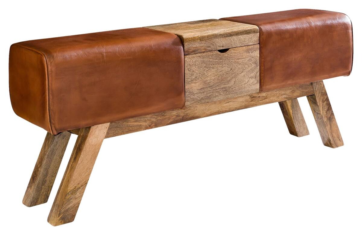 Wohnling Sitzbank braun natur Leder Echtholz B/H/T: ca. 120x53x29 cm