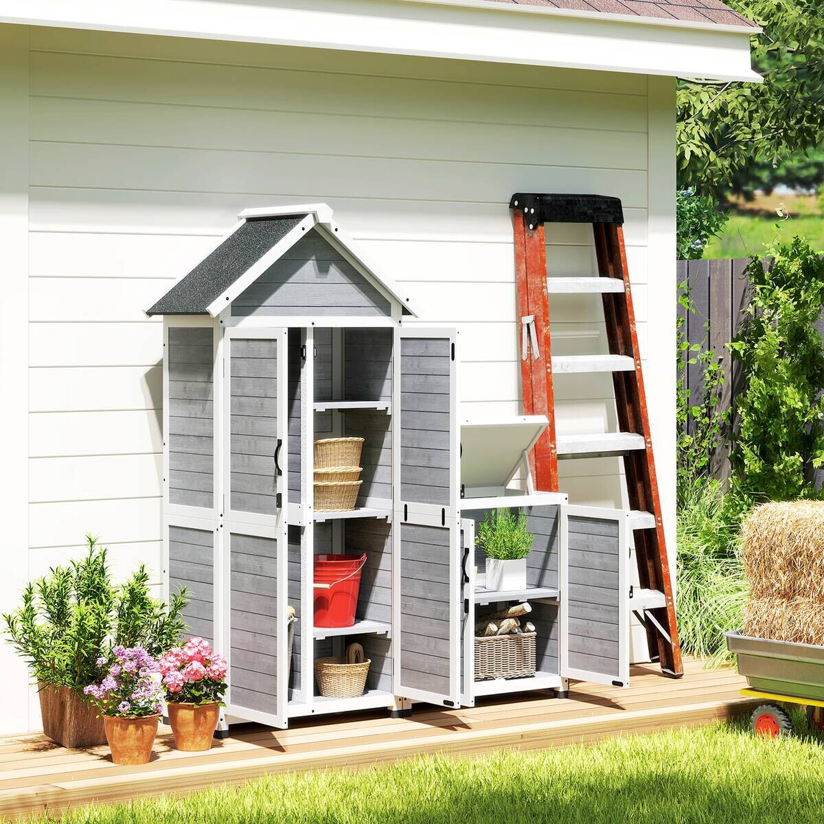 Outsunny Gartenschrank hellgrau Holz B/H/L: ca. 51x182x89 cm