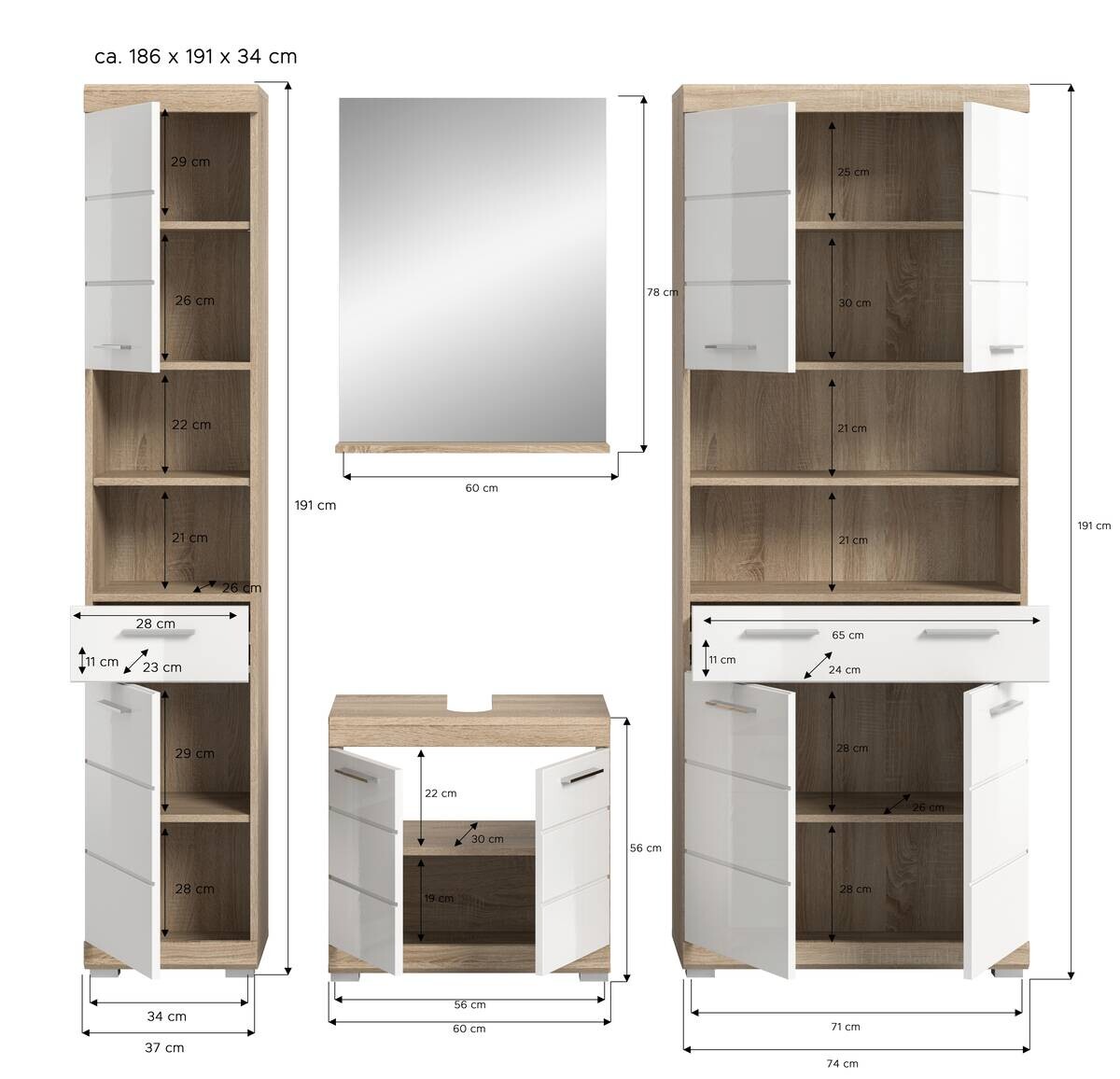 Badezimmer-Set Lambada Eiche Sonoma Nachbildung weiß Hochglanz B/H/T: ca. 186x191x34 cm