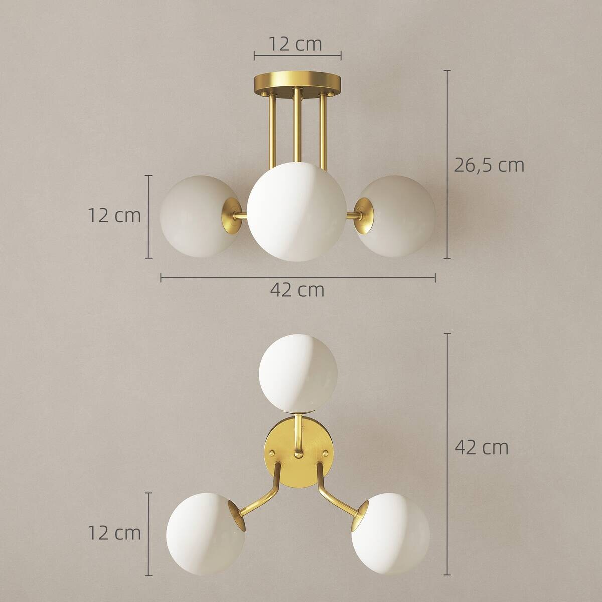 HOMCOM Deckenleuchte gold Metall Kunststoff B/H/L: ca. 42x26,5x42 cm G9 3 Brennstellen