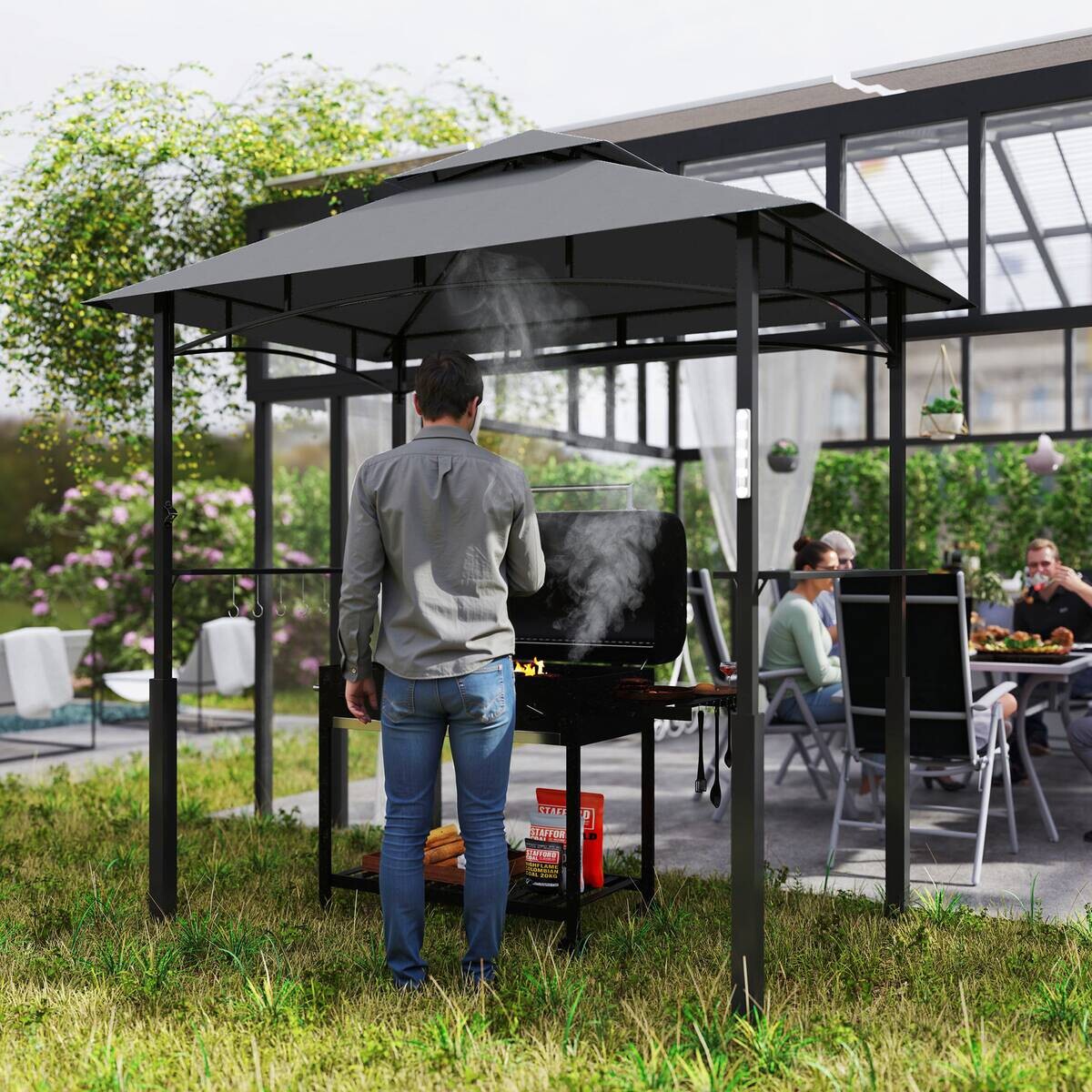 Outsunny Grillpavillon dunkelgrau Polyester B/H/L: ca. 148x248x243 cm